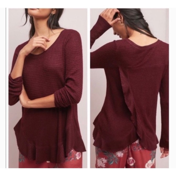 Anthropologie Saturday Sunday Burgundy Wine Waffle Knit Thermal Shirt Size XS - Picture 1 of 12